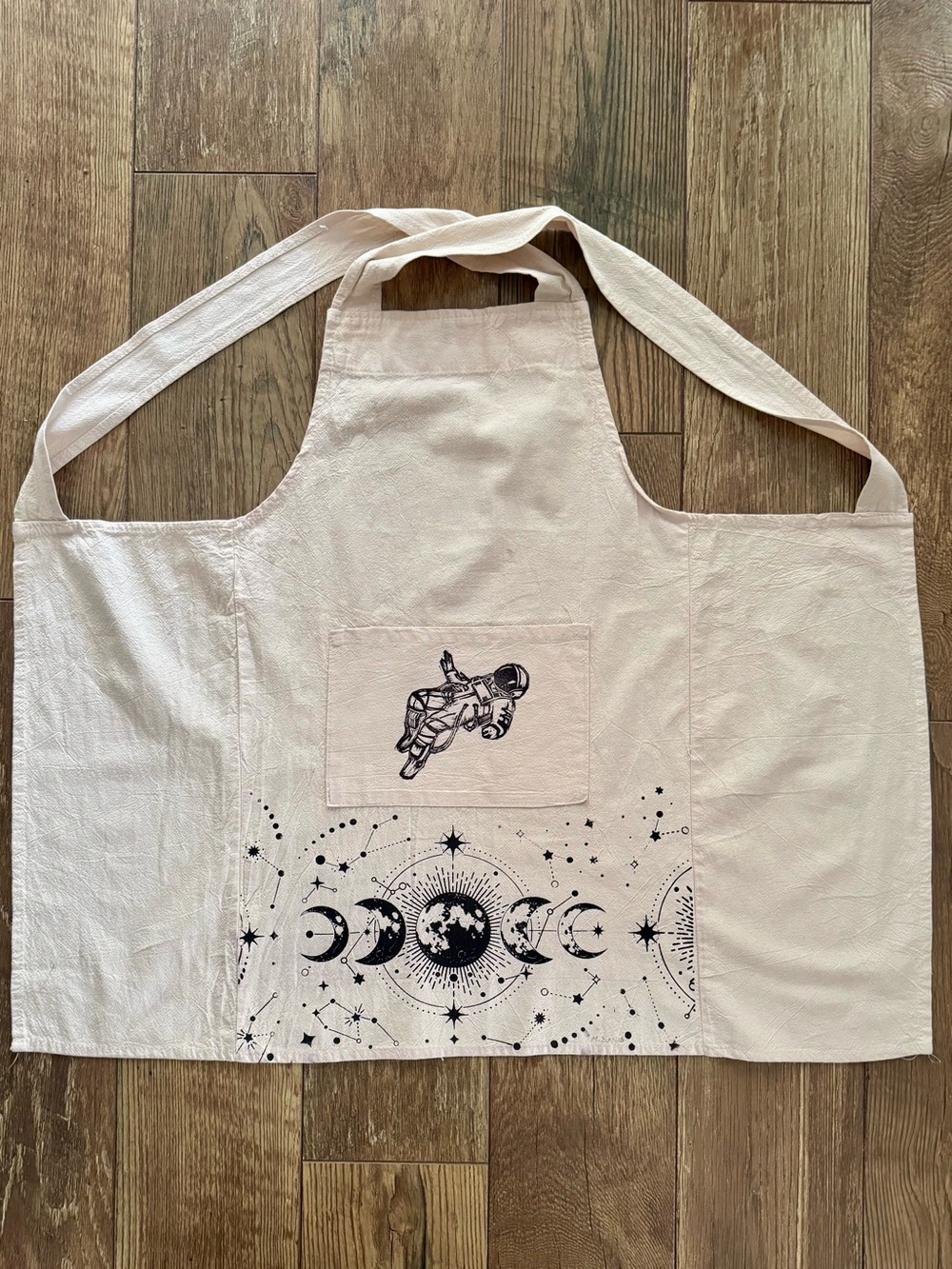 Hand printed Canvas moon phase and astronaut apron, cross back pinafore, no ties